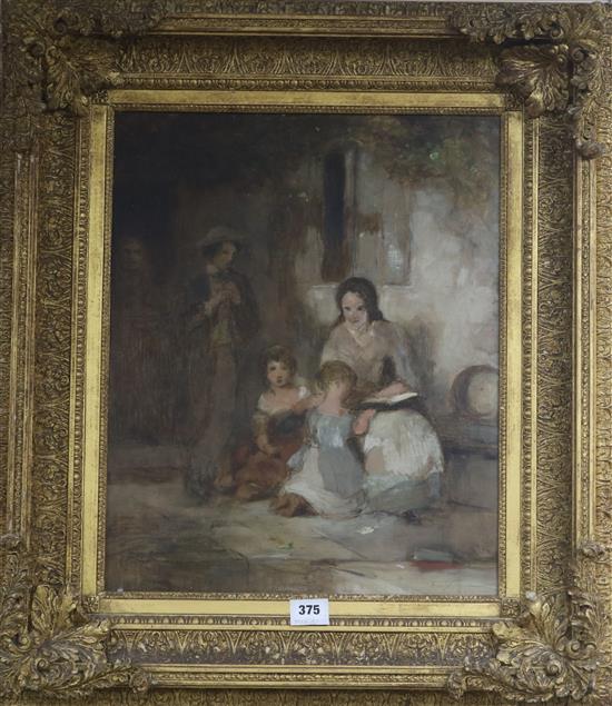 19th century French School Mother and children seated before a cottage 50 x 41cm